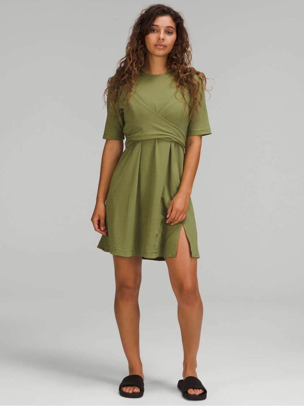 🌿 Lululemon Bronze Green Cotton Wrap Front T-Shirt Dress